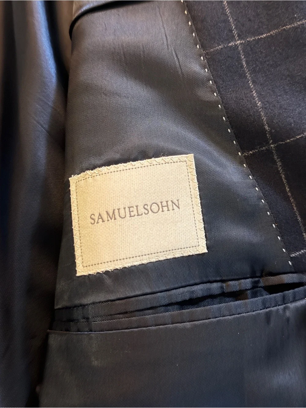 Samuelsohn Navy Windowpane Double-Breasted Blazer